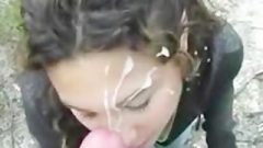 Curly Haired Girl Gives Blow-Job And Takes A Load In Public