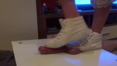 Girl In Sneakers Trample On Penis And Balls. Ends Bootjob And Cum-Shot