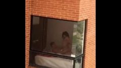 Voluptuous College Couple Caught! Banging Through Dorm Window