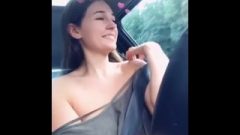 Downblouse Teen Showing Boobs While Driving Car