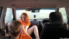 Fake Driving School Provoking Redhead Geek Girl In Glasses With Beauitful Body