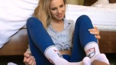 Great Teen In White Socks Gives Him A First-time Footjob
