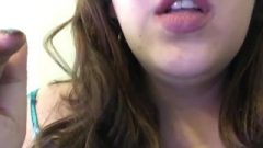 Chubby Pale Brunette Teen Smoking Grape Cigarillo Close Up Arousing Lips