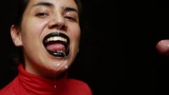 CFNM – Red Turtleneck, Black Lips – Handjob + Jizz Mouthful + Jizz On Clothes