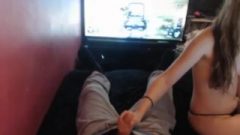 slut Plays With Guy’s Dick While He Enjoys movie Game.